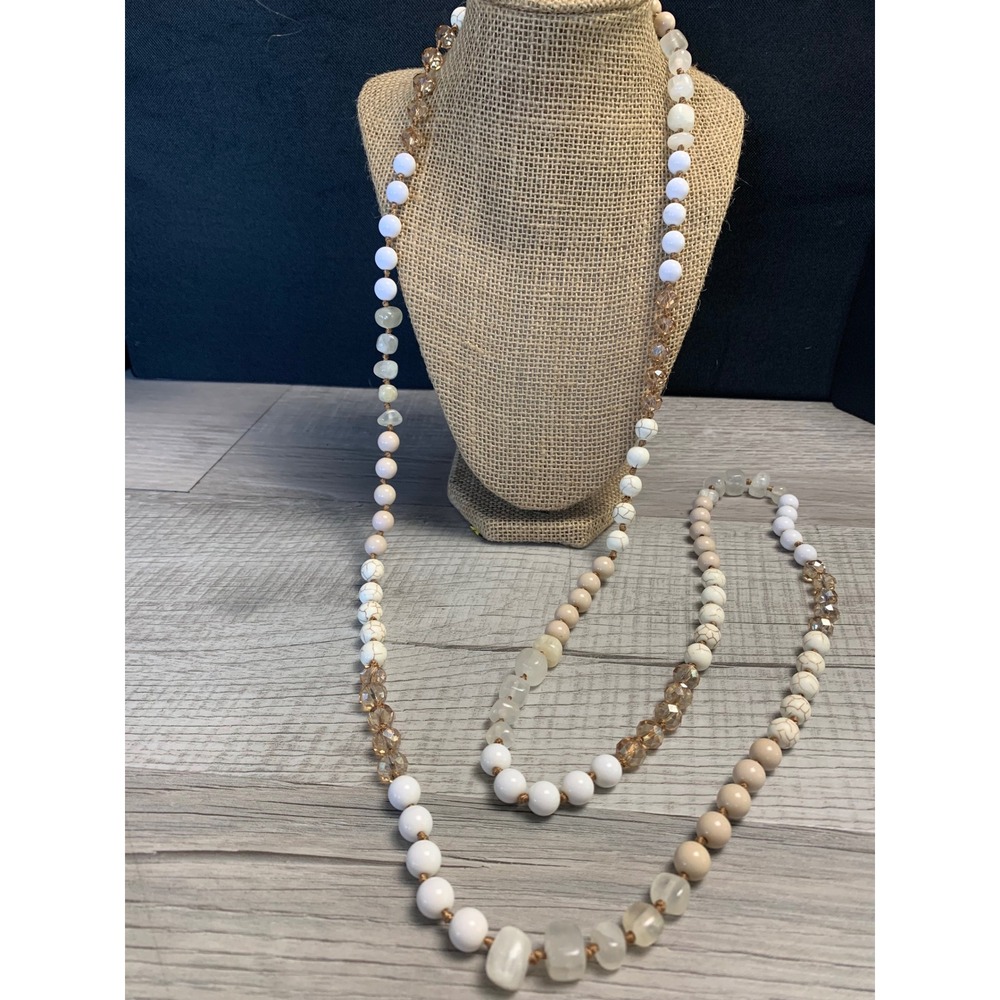 Boho Hand Knotted Multi Bead Long Strand Necklace 60 Inch White Amber Cream